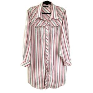 He&De Oversized Pink Metallic Multi Striped Embellished Long Sleeve Shirt Dress